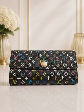 Authentic Louis Vuitton Multicolor Sarah Wallet Black Murakami Monogram